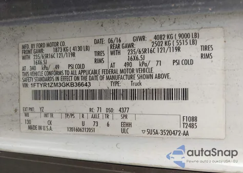 2016 Ford Transit-250 из США, поврежденный, VIN 1FTYR1ZM3GKB36643